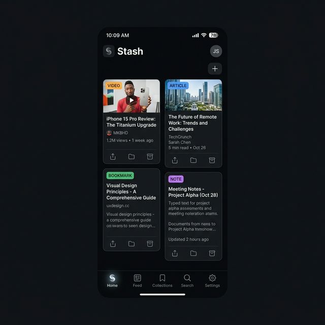 Stash home screen showing saved content